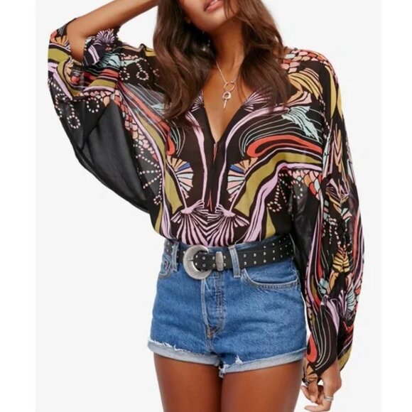 FREE PEOPLE Beneath the Sea Black Print Top size M - Picture 3 of 14